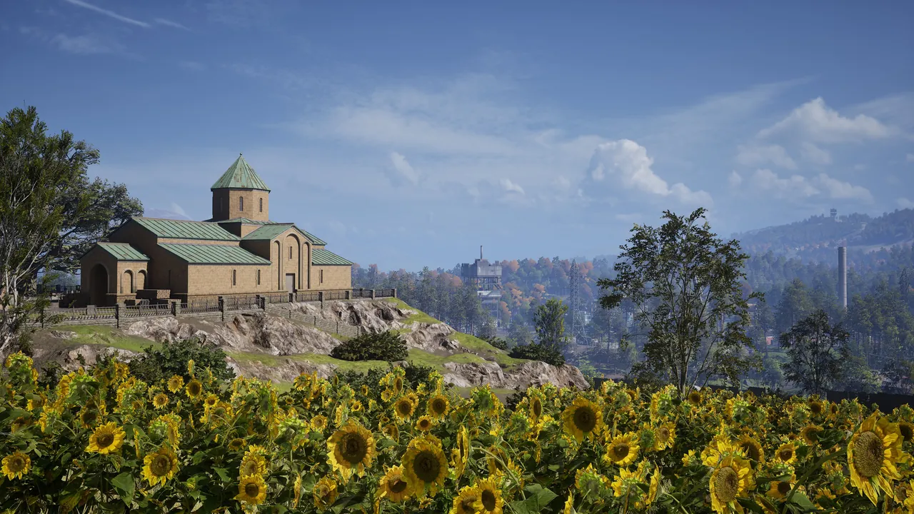 Bakurani landscape in WARDOGS with a church and sunflower field